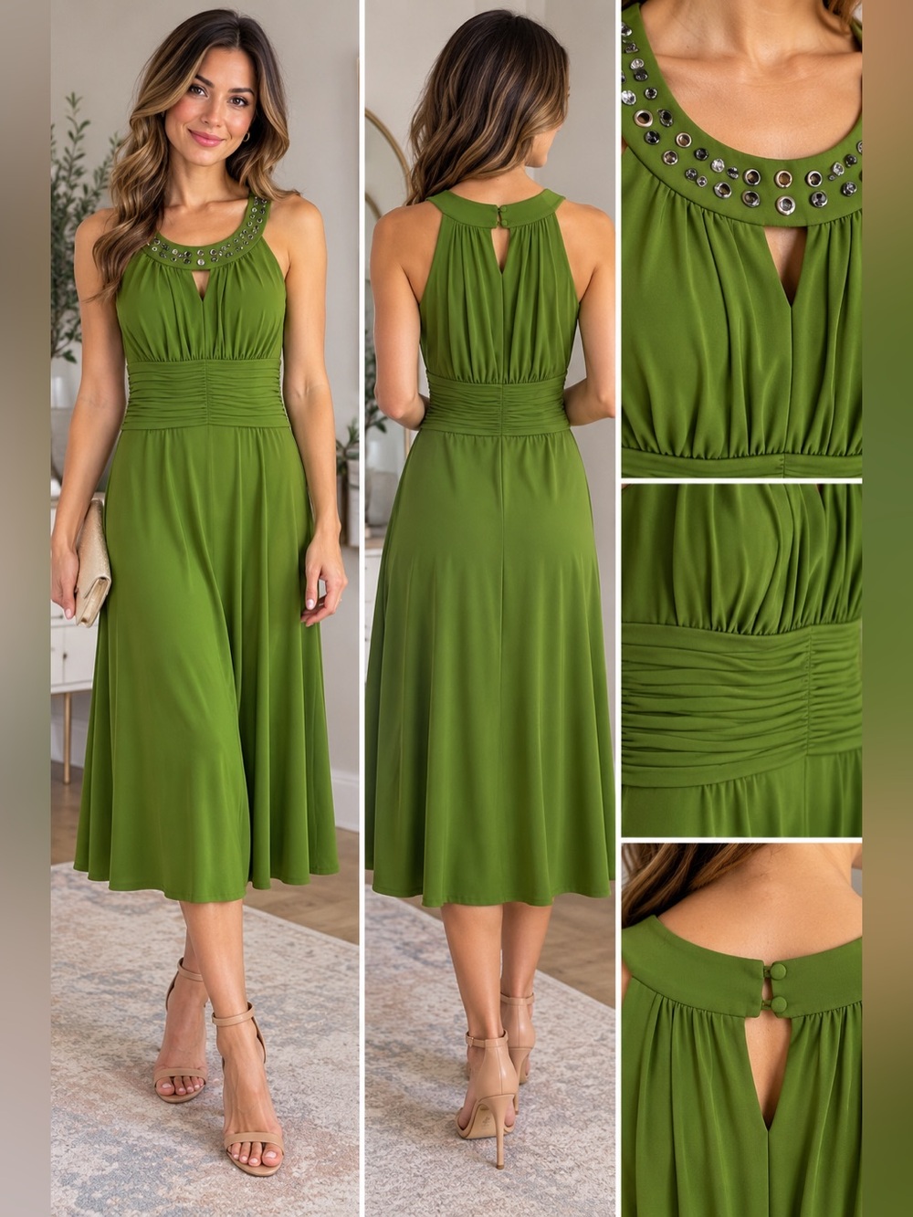 Sangria Olive Green Embellished Sleeveless Ruched Midi Dress Size Small